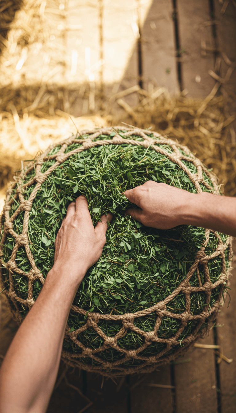 Hands reaching for fresh alfalfa hay in a net