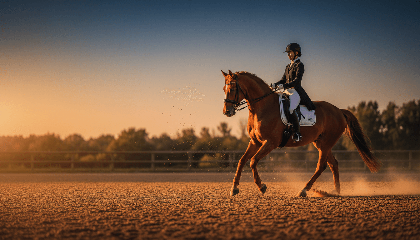 Rider and horse executing collected movement in clay dressage arena during golden hour