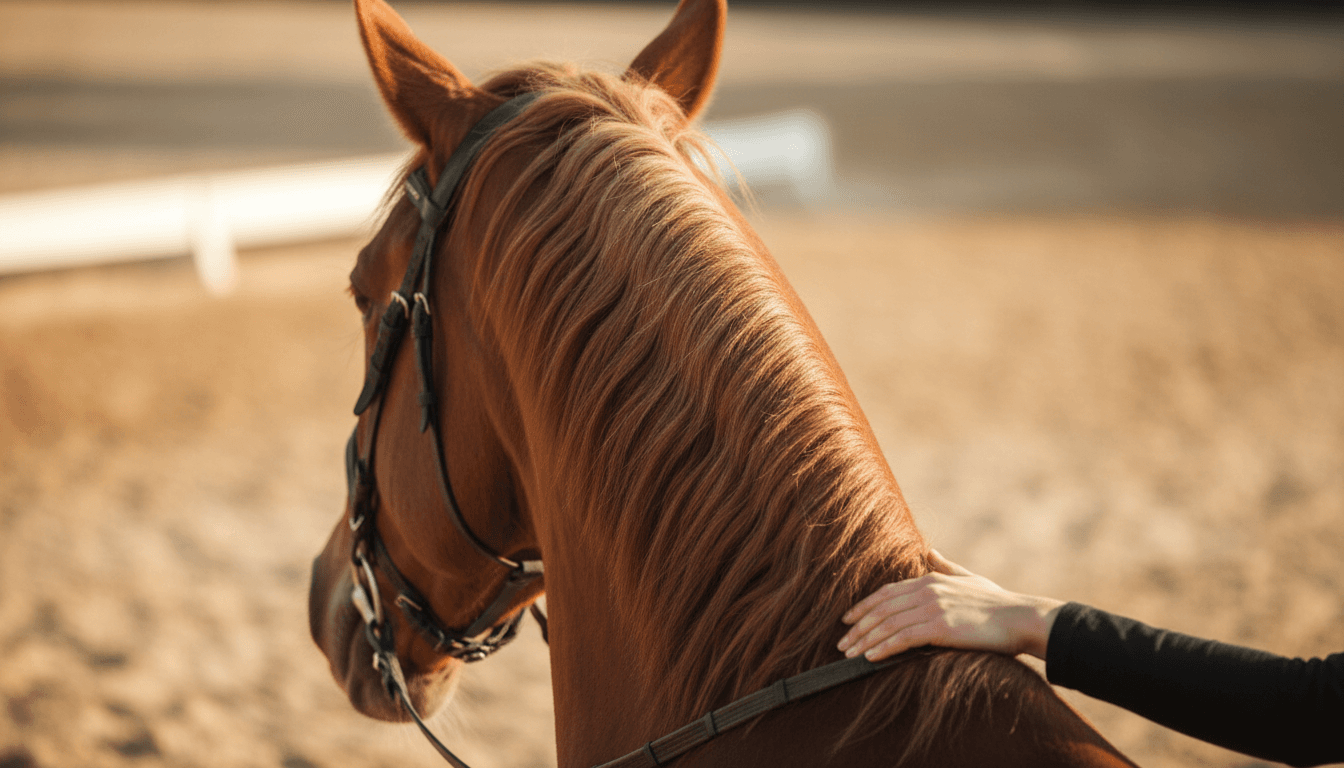 Close-up of a horse's shoulder and neck with a rider's hand in morning light at Happy Hooves training facility