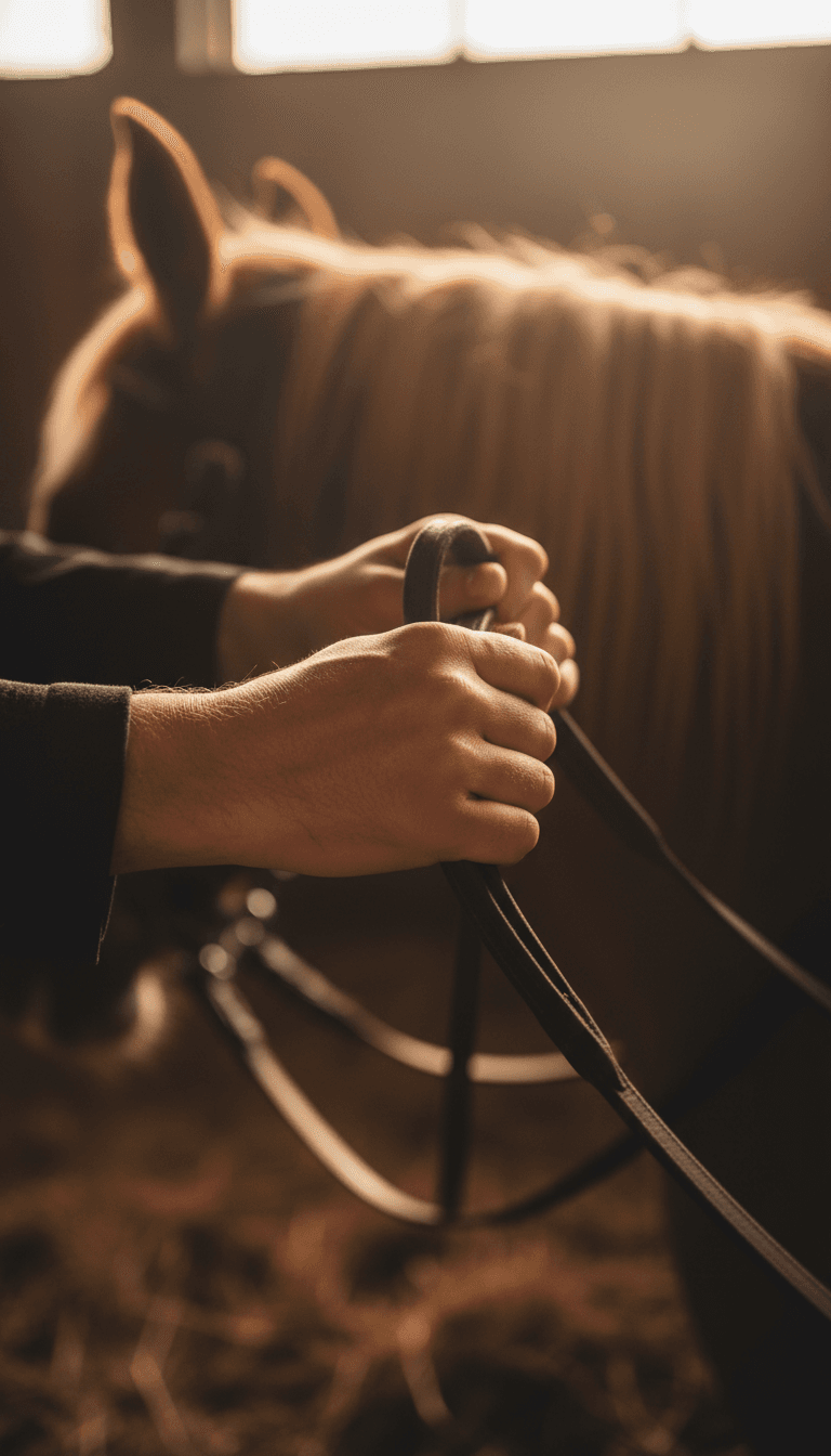 Rider's hands holding reins in soft morning light