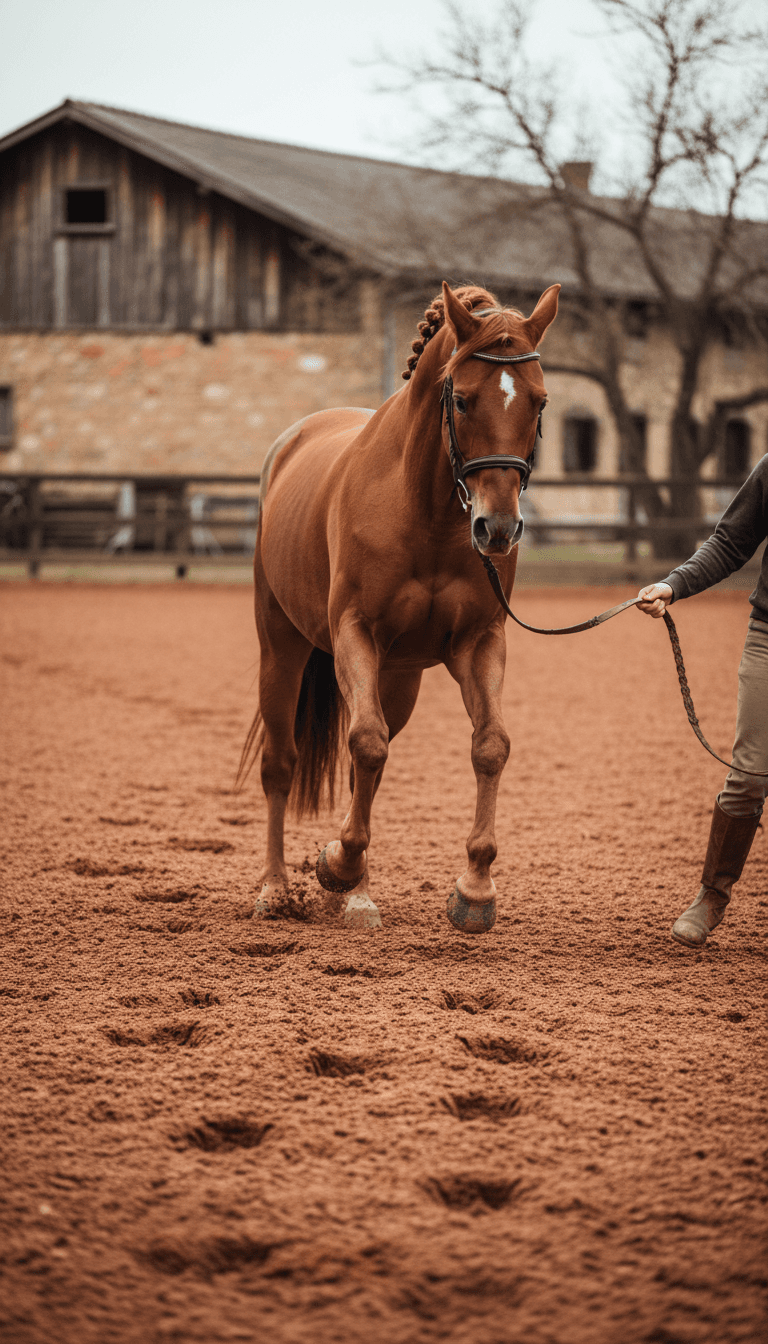 Horse walking across a clay arena with hoof prints
