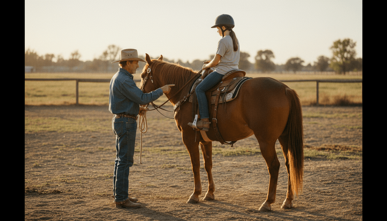 Experienced rider aboard a well-trained horse in motion at Happy Hooves arena in Rockledge