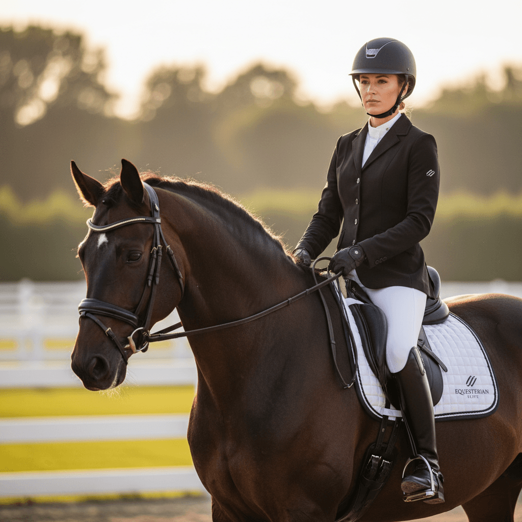 Hands holding reins on a bay horse during training