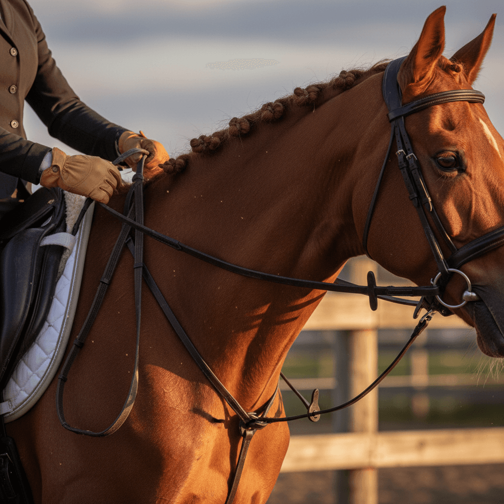 Skilled rider's hands holding reins with chestnut horse in golden sunlight, showcasing professional horsemanship and equipment detail