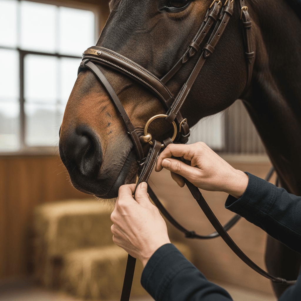 Close-up of instructor's hands demonstrating proper bridle adjustment and equipment selection technique
