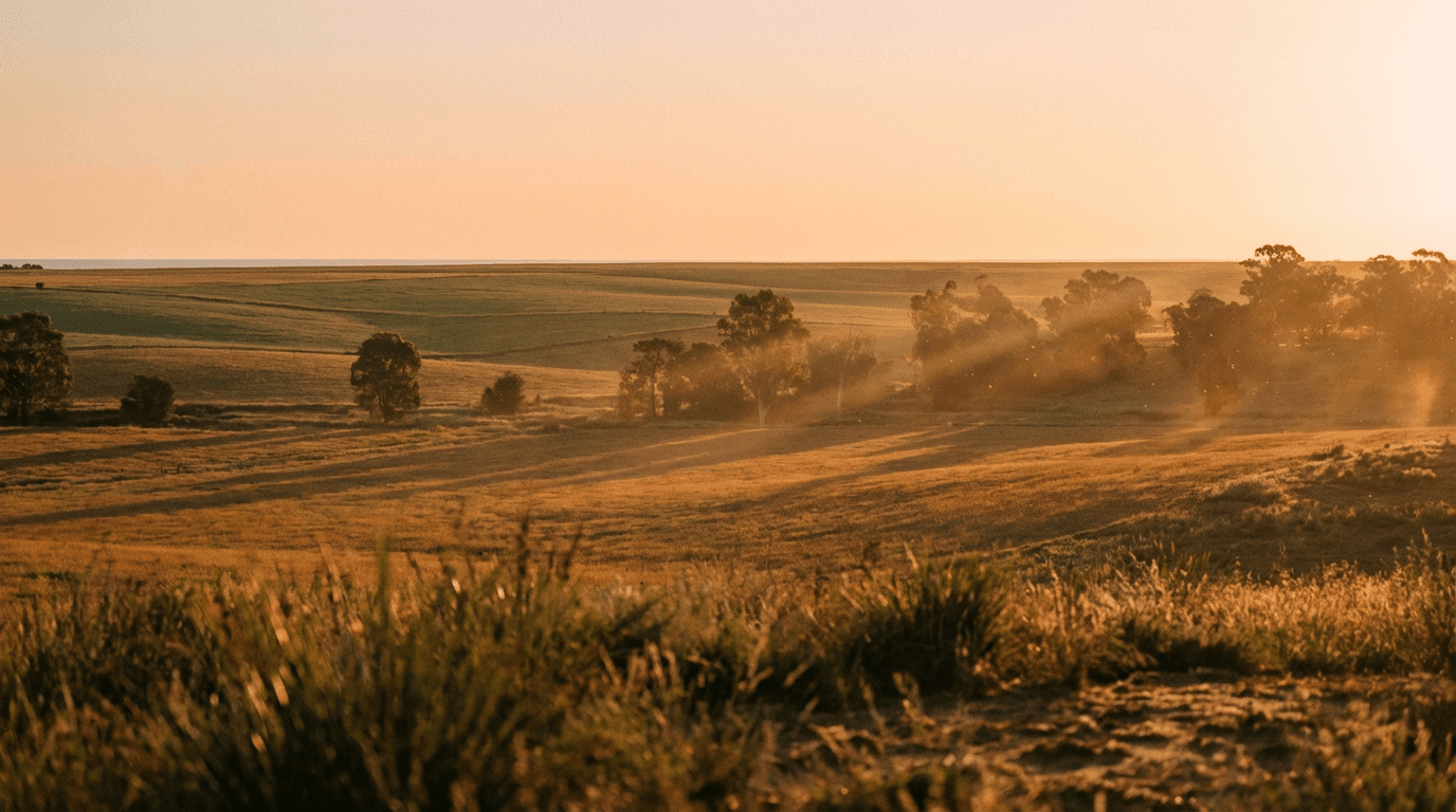 Rider and horse moving together across a clay arena in golden evening light